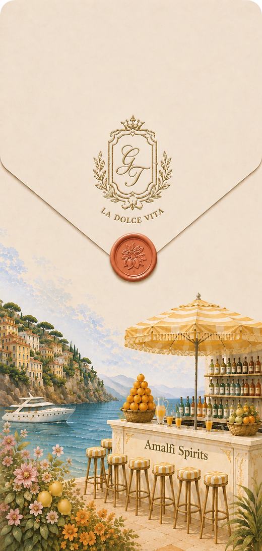 The Castello Collection Italian wedding invitation — Amalfi coast illustration with a gold monogram and wax seal