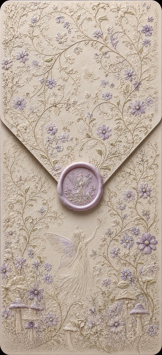 The Enchanted Collection wedding invitation — lilac florals with a fairy wax seal