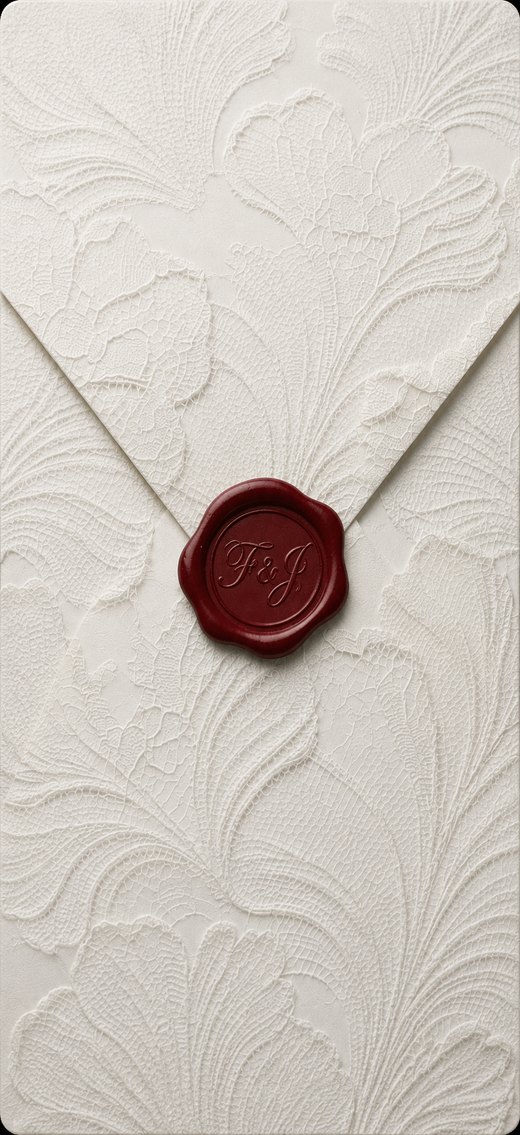 The Gala Collection wedding invitation — ivory lace envelope with a deep red wax seal