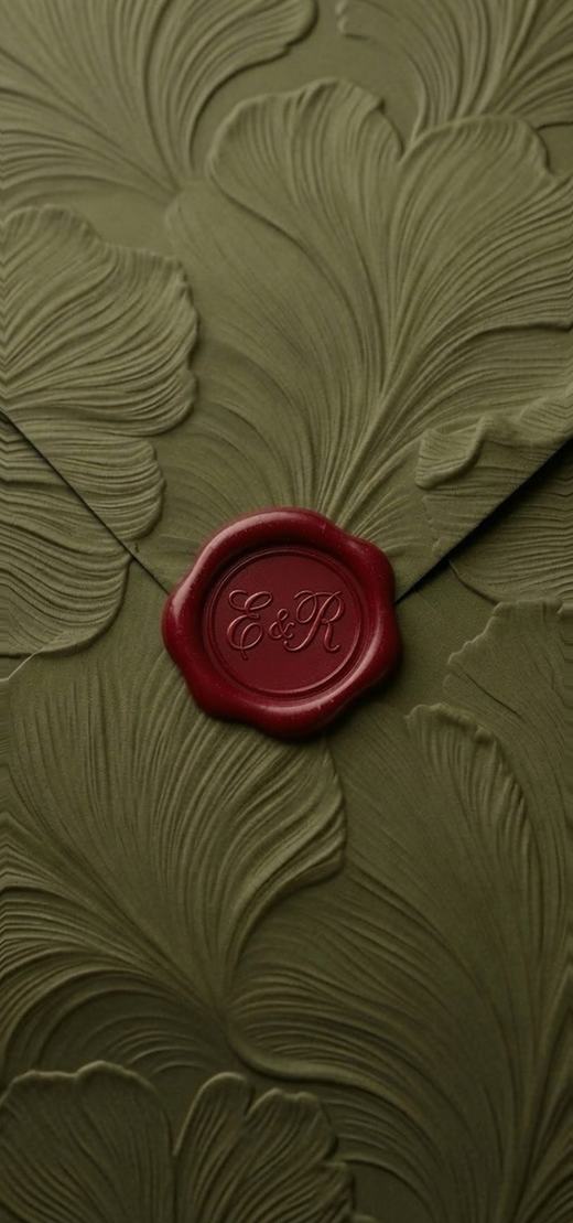 The Ivy Collection digital wedding invitation — olive damask envelope with a burgundy wax seal