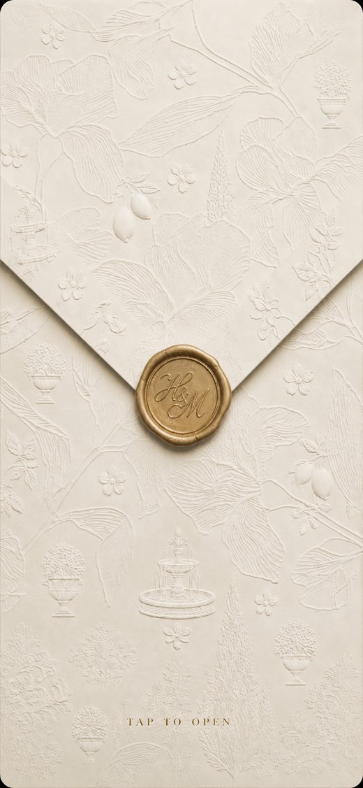 The Manor Collection wedding invitation — embossed garden envelope with a gold monogram seal
