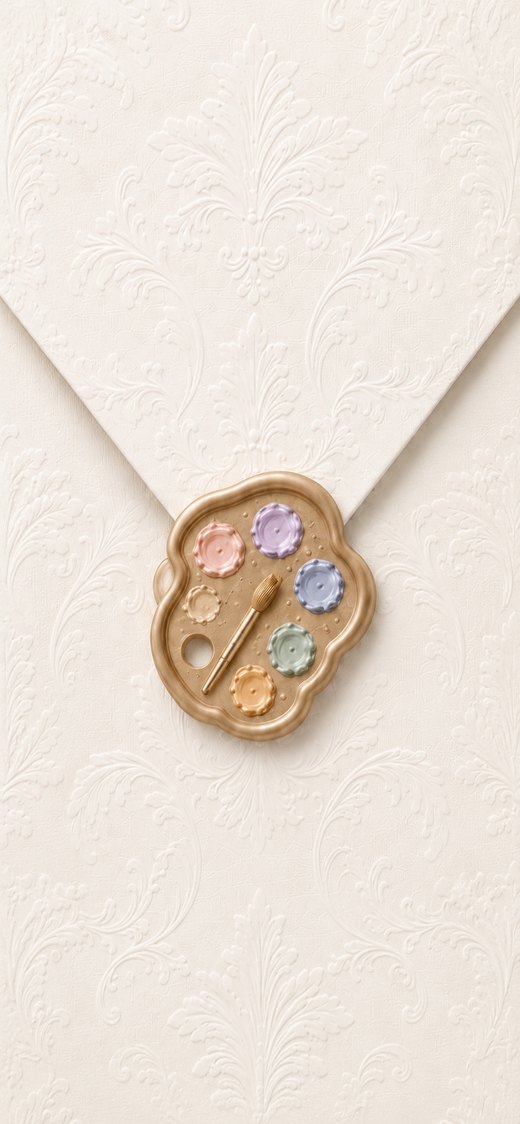 The Tailored Collection custom wedding invitation — ivory damask envelope with an artist&rsquo;s palette wax seal