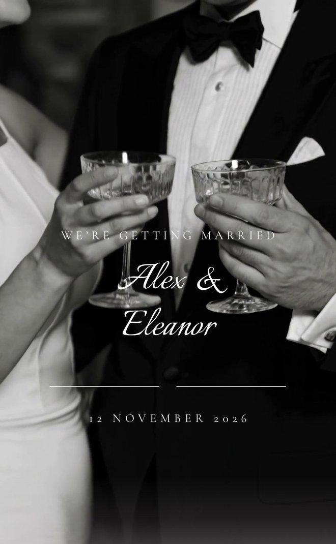 A black and white opening film with the couple's names and date