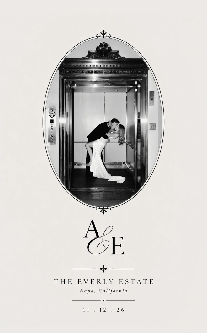 A formal oval-framed portrait of the couple with their monogram, venue and date